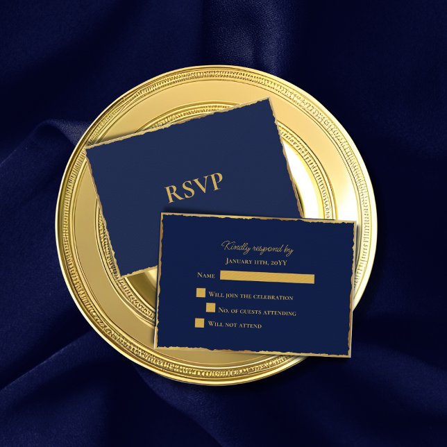 Simple Elegance Navy Blue Luxe Gold Edge Wedding RSVP Card (Creator Uploaded)
