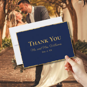 Simple Elegance Navy Blue Luxe Gold Edge Wedding Thank You Card
