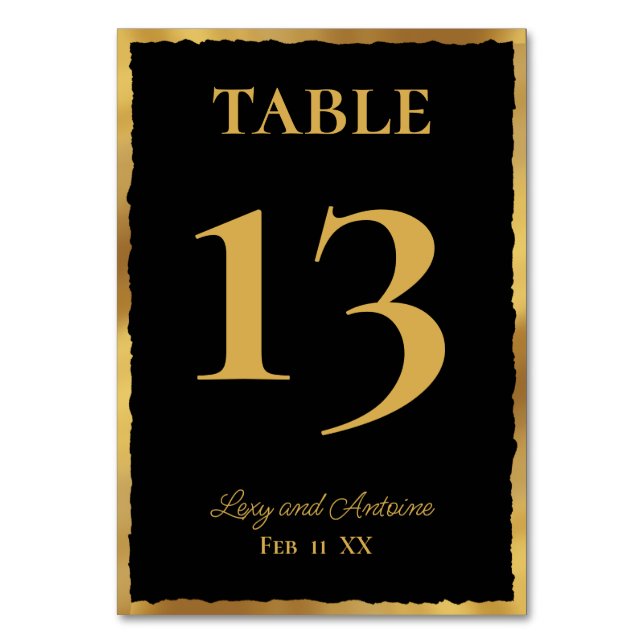 Simple Elegance Personalised Black Bold Gold Edge Table Number (Front)