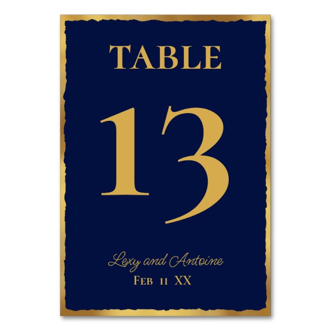 Simple Elegance Personalised Navy Blue Gold Edge Table Number (Front)