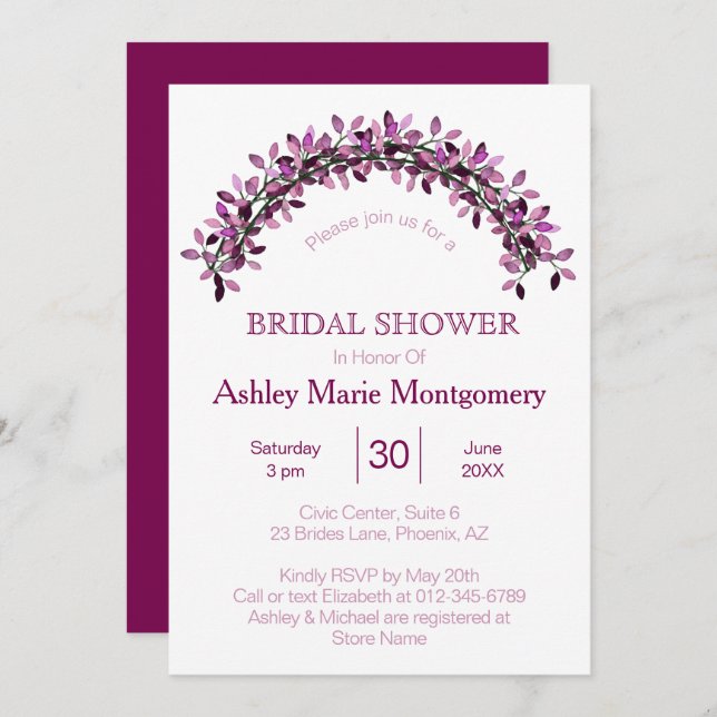 Simple Elegance Purple Leafy Arch Bridal Shower Invitation (Front/Back)