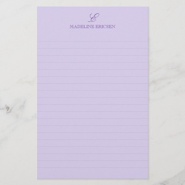 Simple Elegance Purple Monogram Lined Stationery (Front)