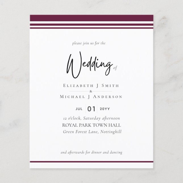 Simple Elegance Red Wine Modern Budget Wedding Flyer (Front)