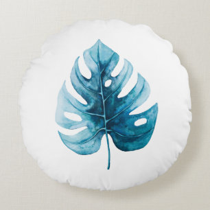 Simple Elegance Watercolor Blue Monstera Leaf Round Cushion