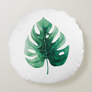 Simple Elegance Watercolor Green Monstera Leaf Round Cushion