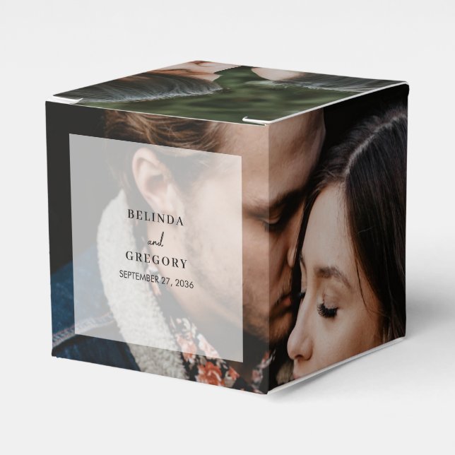 Simple Elegant 2 Photo Overlay Script Wedding Favour Box (Front Side)