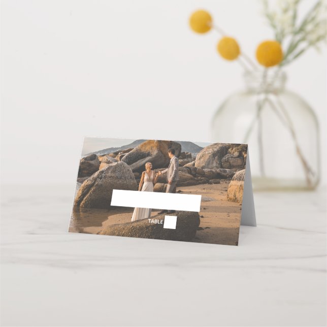 Simple Elegant 2Photo Overlay Script Wedding Favou Place Card (Front)