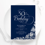 Simple Elegant 30th Birthday Navy Silver Roses Invitation<br><div class="desc">Simple elegant 30th birthday party invitation in navy and silver. Classy design featuring roses, faux silver foil and typography script font. Trendy invite card perfect for a stylish female bday celebration. Personalise with your own details. Can be customised to any age. Printed Zazzle invitations or instant download digital printable template....</div>