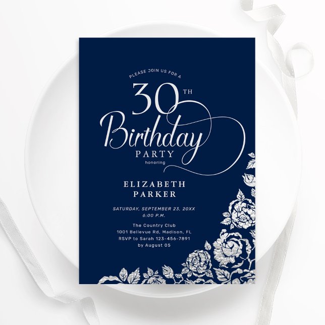 Simple Elegant 30th Birthday Navy Silver Roses Invitation (Creator Uploaded)