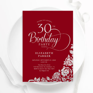 Simple Elegant 30th Birthday Red Silver Roses Invitation