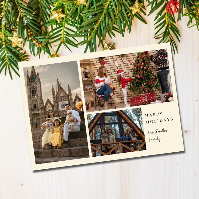 Simple Elegant 3 photo collage Minimal Christmas Holiday Card (Creator Uploaded)