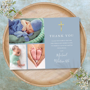 Simple Elegant 3 Photo Signature Script Baptism Thank You Card