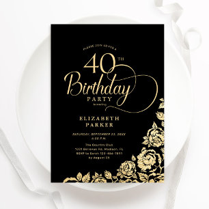 Simple Elegant 40th Birthday Black Gold Roses Invitation