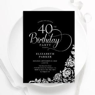 Simple Elegant 40th Birthday Black Silver Roses Invitation