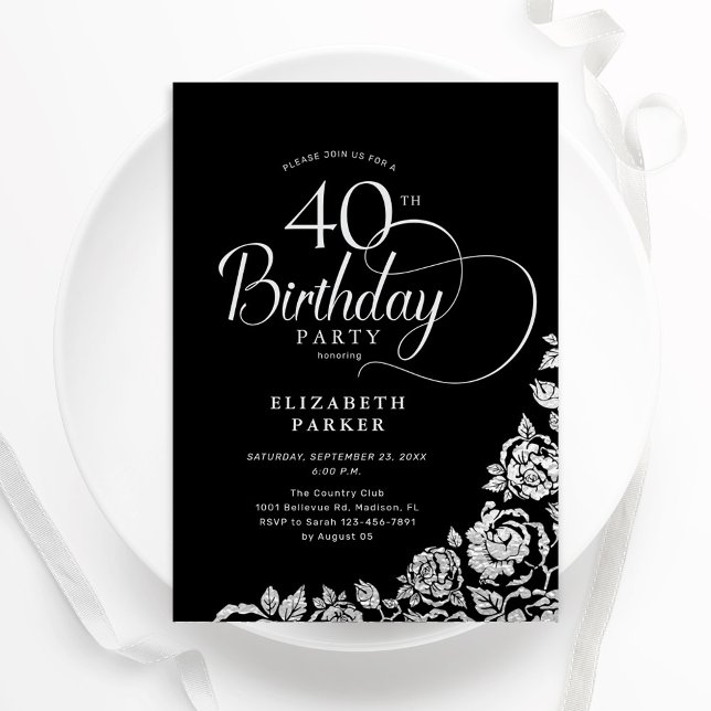 Simple Elegant 40th Birthday Black Silver Roses Invitation (Creator Uploaded)