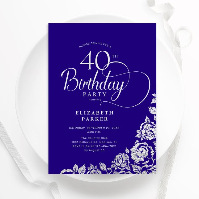Simple Elegant 40th Birthday Purple Silver Roses Invitation (Creator Uploaded)