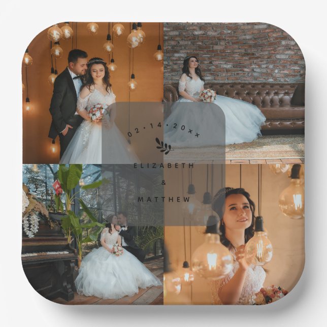 Simple Elegant 4 Photo Collage Wedding Party Paper Plate (Front)