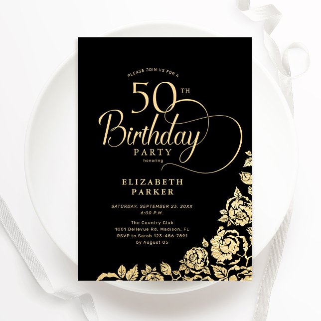 Simple Elegant 50th Birthday Black Gold Roses Invitation (Creator Uploaded)