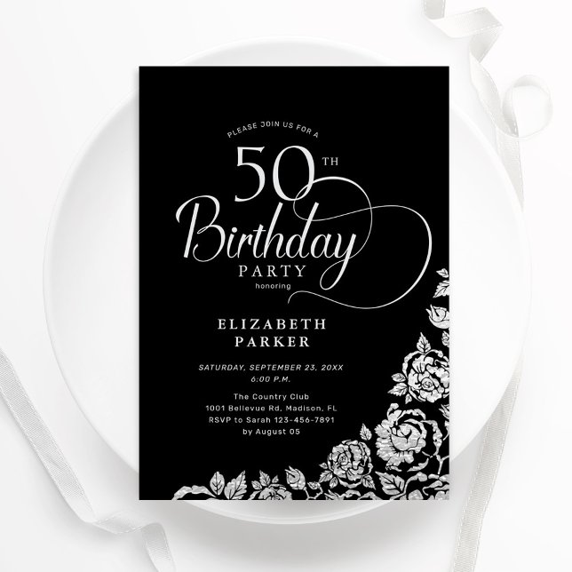 Simple Elegant 50th Birthday Black Silver Roses Invitation (Creator Uploaded)