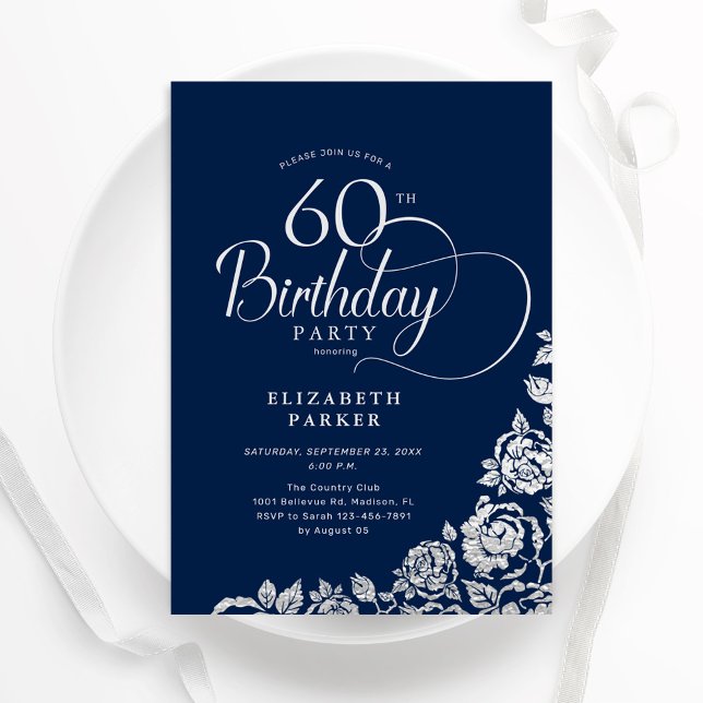 Simple Elegant 60th Birthday Navy Silver Roses Invitation (Creator Uploaded)