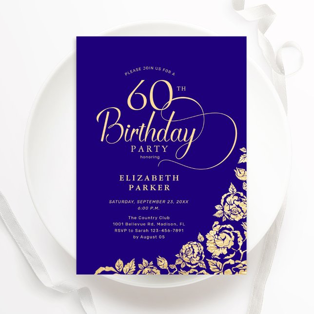 Simple Elegant 60th Birthday Purple Gold Roses Invitation (Creator Uploaded)