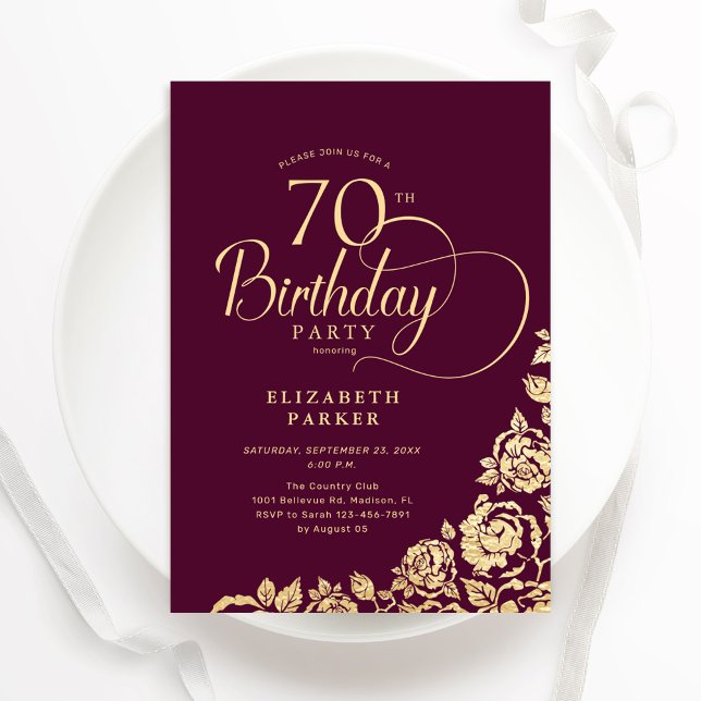 Simple Elegant 70th Birthday Burgundy Gold Invitation (Creator Uploaded)
