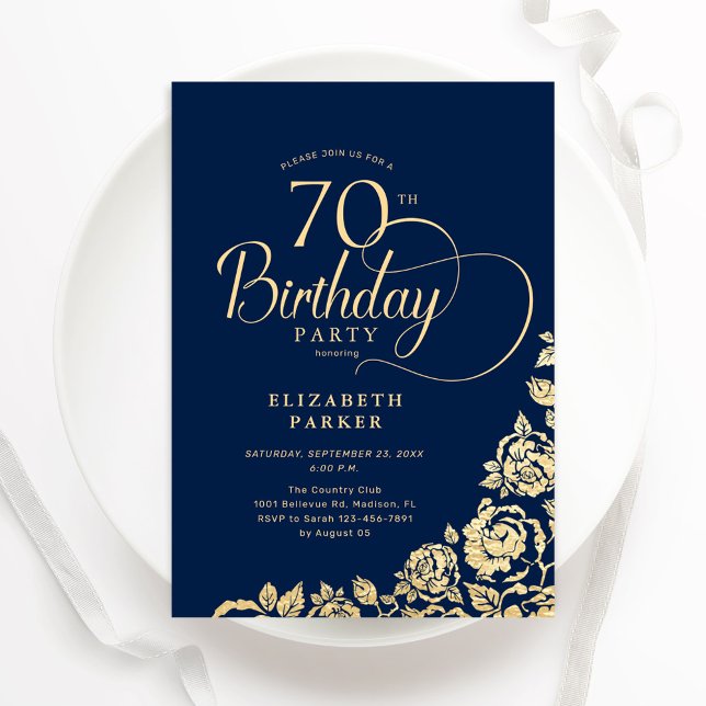 Simple Elegant 70th Birthday Navy Blue Gold Roses Invitation (Creator Uploaded)