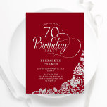 Simple Elegant 70th Birthday Red Silver Roses Invitation<br><div class="desc">Simple elegant 70th birthday party invitation in red and silver. Classy design featuring roses, faux silver foil and typography script font. Trendy invite card perfect for a stylish female bday celebration. Personalise with your own details. Can be customised to any age. Printed Zazzle invitations or instant download digital printable template....</div>
