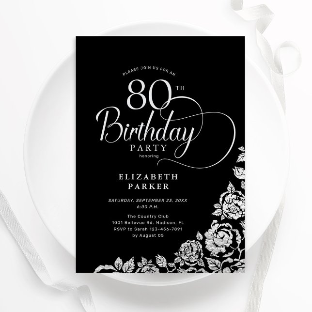 Simple Elegant 80th Birthday Black Silver Roses Invitation (Creator Uploaded)