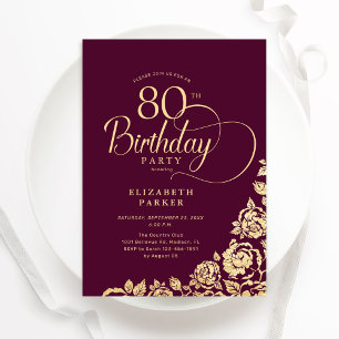 Simple Elegant 80th Birthday Burgundy Gold Invitation