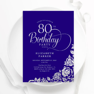 Simple Elegant 80th Birthday Purple Silver Roses Invitation
