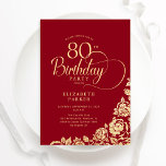 Simple Elegant 80th Birthday Red Gold Roses Invitation<br><div class="desc">Simple elegant 80th birthday party invitation in red and gold. Classy design featuring roses, faux gold foil and typography script font. Trendy invite card perfect for a stylish female bday celebration. Personalise with your own details. Can be customised to any age. Printed Zazzle invitations or instant download digital printable template....</div>