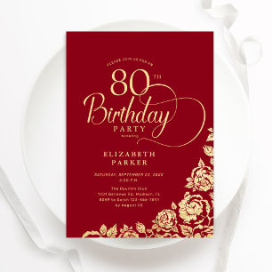 Simple Elegant 80th Birthday Red Gold Roses Invitation