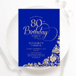 Simple Elegant 80th Birthday Royal Blue Gold Roses Invitation<br><div class="desc">Simple elegant 80th birthday party invitation in royal blue and gold. Classy design featuring roses, faux gold foil and typography script font. Trendy invite card perfect for a stylish female bday celebration. Personalise with your own details. Can be customised to any age. Printed Zazzle invitations or instant download digital printable...</div>