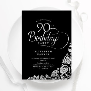Simple Elegant 90th Birthday Black Silver Roses Invitation