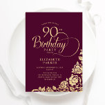 Simple Elegant 90th Birthday Burgundy Gold Invitation<br><div class="desc">Simple elegant 90th birthday party invitation in burgundy and gold. Classy design featuring roses, faux gold foil and typography script font. Trendy invite card perfect for a stylish female bday celebration. Personalise with your own details. Can be customised to any age. Printed Zazzle invitations or instant download digital printable template....</div>