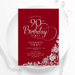 Simple Elegant 90th Birthday Red Silver Roses Invitation<br><div class="desc">Simple elegant 90th birthday red invitation in black and silver. Classy design featuring roses, faux silver foil and typography script font. Trendy invite card perfect for a stylish female bday celebration. Personalise with your own details. Can be customised to any age. Printed Zazzle invitations or instant download digital printable template....</div>