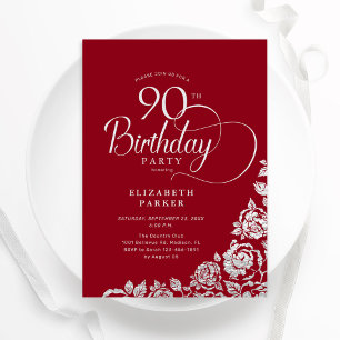 Simple Elegant 90th Birthday Red Silver Roses Invitation