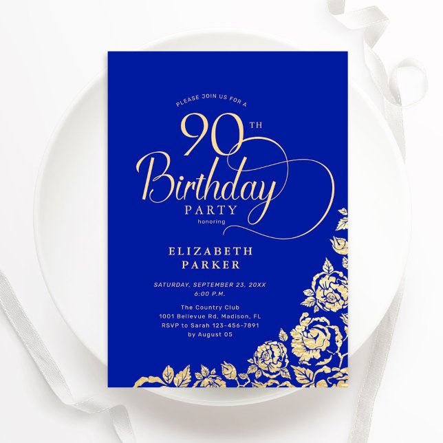 Simple Elegant 90th Birthday Royal Blue Gold Roses Invitation (Creator Uploaded)