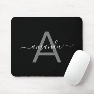 Simple Elegant Add Your Name & Monogrammed Black  Mouse Pad