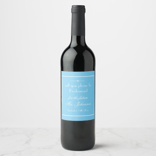 Simple Elegant Aqua Blue Bridesmaid Proposal Wine Label (Front)