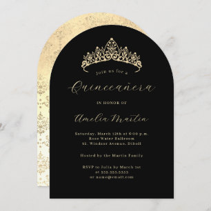 Simple Elegant Arch Black Gold Tiara Quinceanera  Invitation
