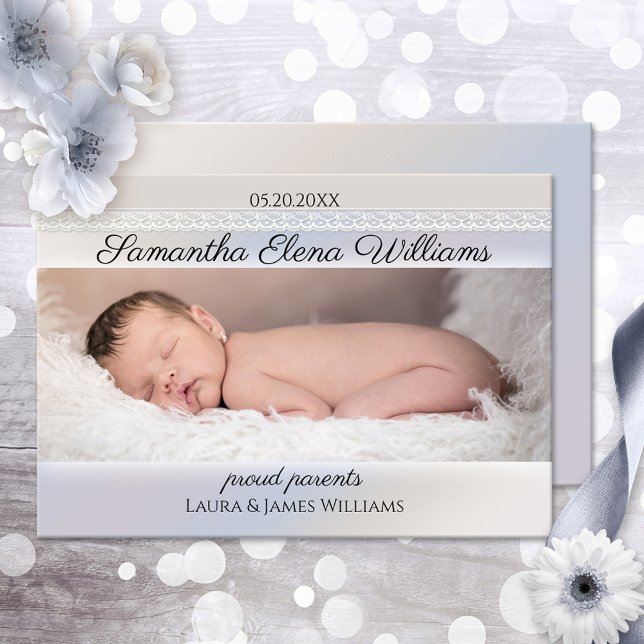 Simple Elegant Baby Photo Birth Announcement (Elegant Baby Birth Announcement card featuring a photo of your newborn on a pastel design with lace)