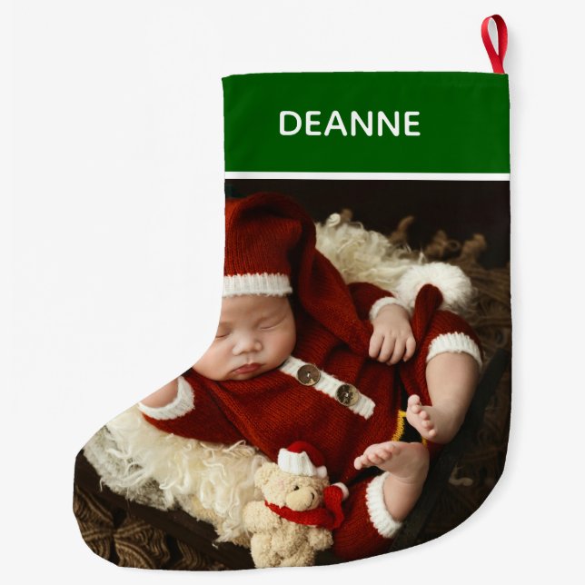 Simple Elegant Baby's First Christmas 1 Photo Large Christmas Stocking (Back)