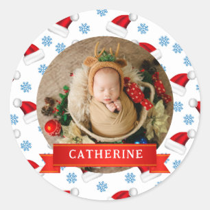 Simple Elegant Baby's First Christmas Custom Name Classic Round Sticker