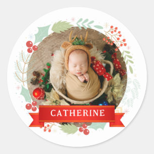 Simple Elegant Baby's First Christmas Custom Name  Classic Round Sticker