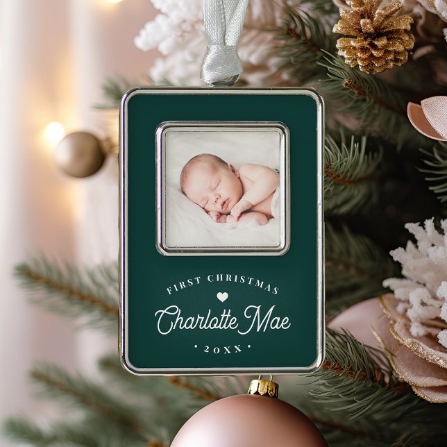 Simple Elegant Baby's First Christmas Photo Silver Plated Framed Ornament (Creator Uploaded)
