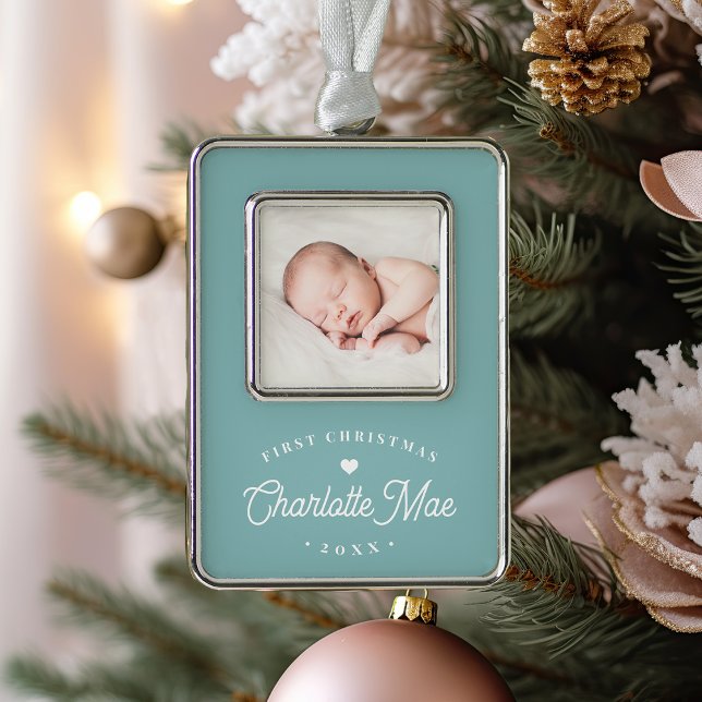Simple Elegant Baby's First Christmas Photo Silver Plated Framed Ornament (Creator Uploaded)