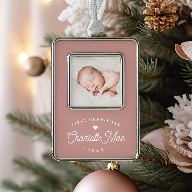 Simple Elegant Baby's First Christmas Photo Silver Plated Framed Ornament (Creator Uploaded)