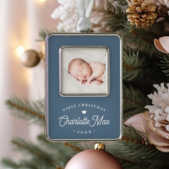 Simple Elegant Baby's First Christmas Photo Silver Plated Framed Ornament (Creator Uploaded)